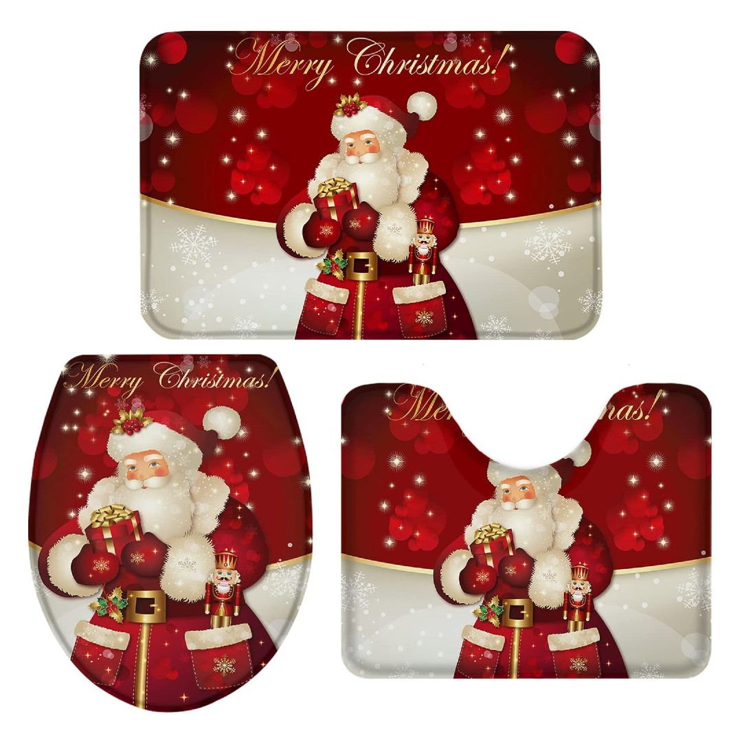 Juego navideño de alfombras para baño, set de 3 piezas antideslizantes con funda para tapa de inodoro y decoración temática de temporada - Imagen 3